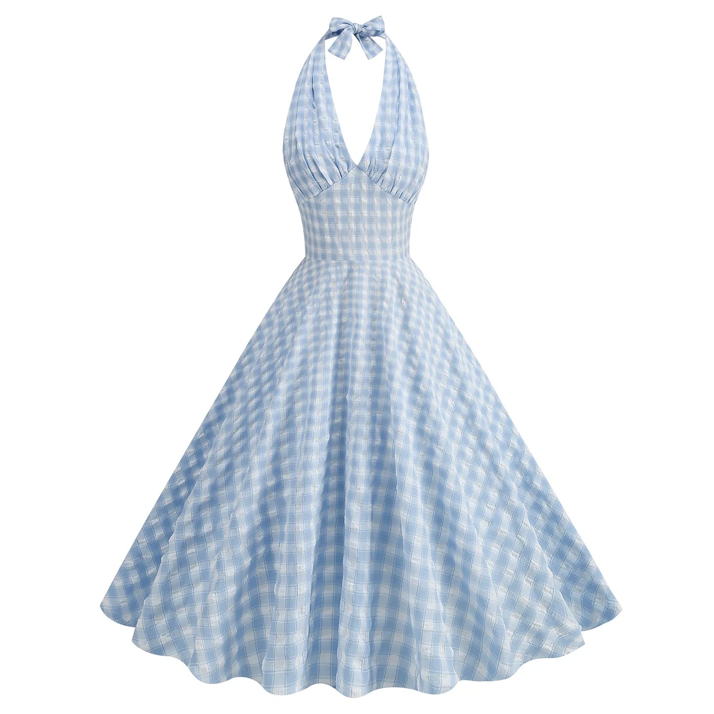 Women Vintage Halterneck Dress Plaid Rockabilly Cocktail Gingham Tea Party Elegant Dress 1950S 40S Swing Dress Summer Dress