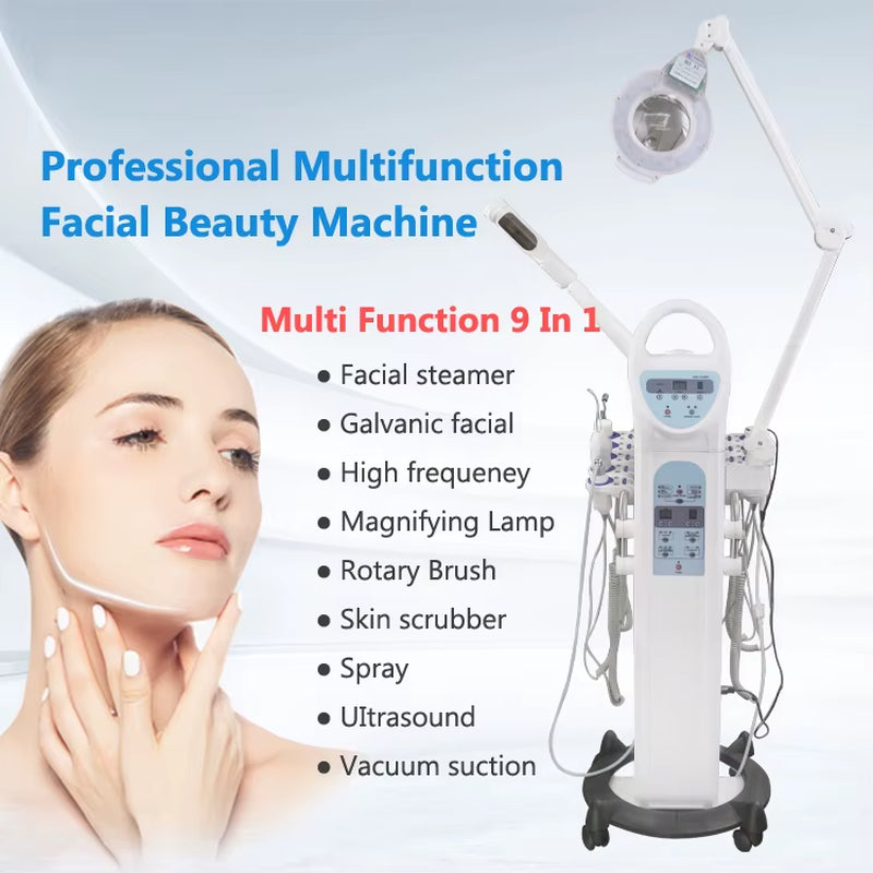 Professional 9 in 1 Hot Facial Steamer Sprayer Rotary Brush Face Cleaning Beauty Multifunctional Machine