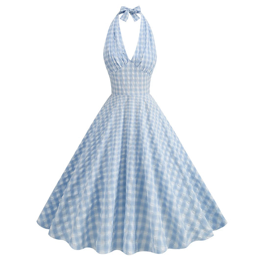 Women Vintage Halterneck Dress Plaid Rockabilly Cocktail Gingham Tea Party Elegant Dress 1950S 40S Swing Dress Summer Dress