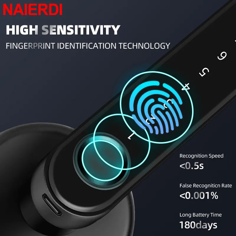 Black Biometric Security Door Lock Smart Fingerprint Lock Electronic Digital Lock Keyless Entry Door Knobs Lock Hardware