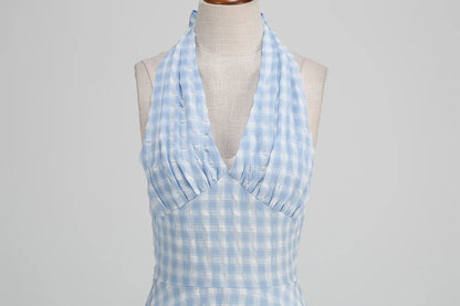 Women Vintage Halterneck Dress Plaid Rockabilly Cocktail Gingham Tea Party Elegant Dress 1950S 40S Swing Dress Summer Dress