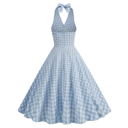 Women Vintage Halterneck Dress Plaid Rockabilly Cocktail Gingham Tea Party Elegant Dress 1950S 40S Swing Dress Summer Dress